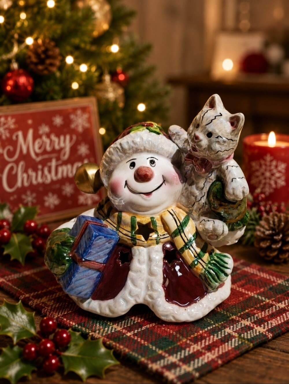Dalton Iridescent Glazed Snowman Cat Present Christmas Candle Topper Lid EUC
